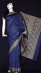 Navy Blue Brocade Sari In Silk