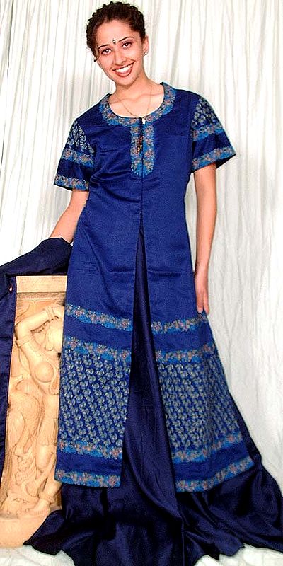 Navy Blue Embroidered Lacha
