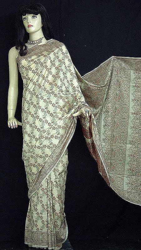 Off-White Brocade Sari In Semi-Chiffon