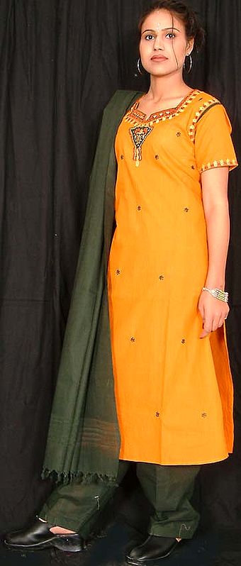 Orange and Green South Cotton Suit with Embroidery