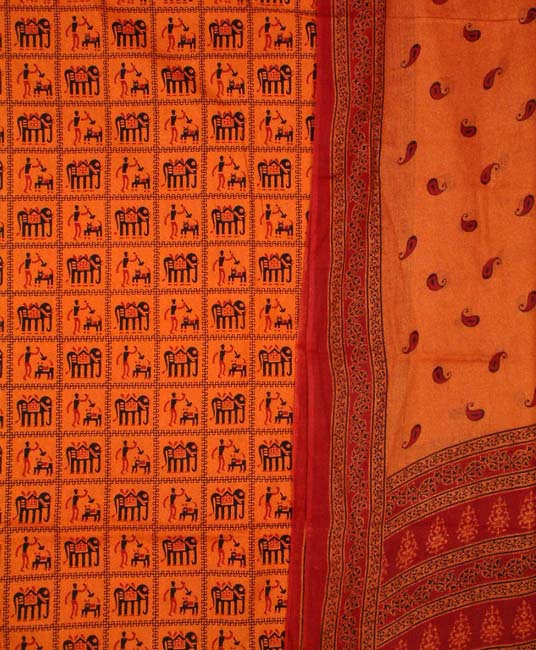 Orange and Red Printed Suit with Elephant Motif