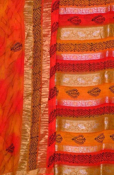 Orange and Red Printed Suit with Gold and Silver Thread Work