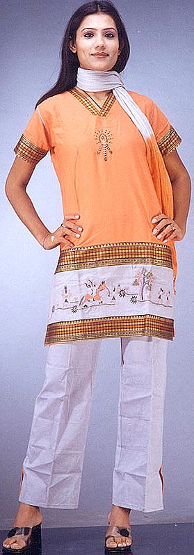 Orange and White Suit with Rudraksh Border and Embroidery
