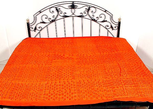 Orange Gujarati Bedcover with Mirror Work