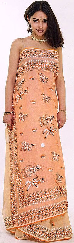 Orange Kantha Stitch Sari with Daandia Raas Motif