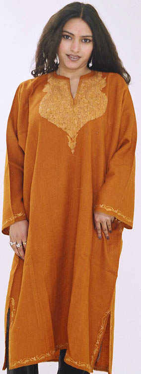 Orange Kashmiri Phiran with Hooked Needle Embroidery