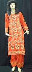 Orange Khadi Salwar Kameez In Batik With Mirror Work