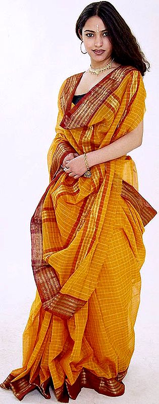 Orange Narayanpet Sari with Checks