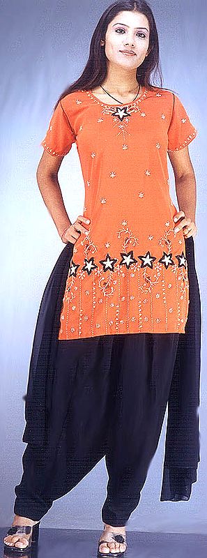 Orange Starry Kameez with Black Patiala Salwar