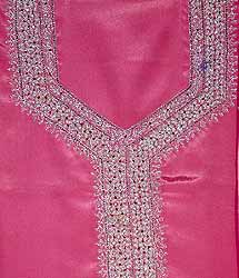 Pink Satin Suit Set With Silver Zardozi Work