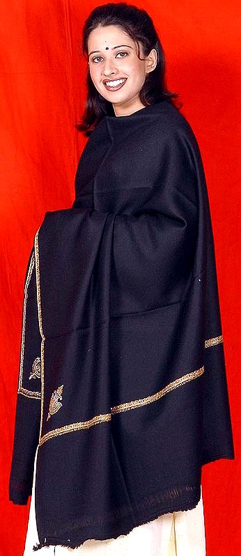 Plain Black Shawl with Embroidery on Edges