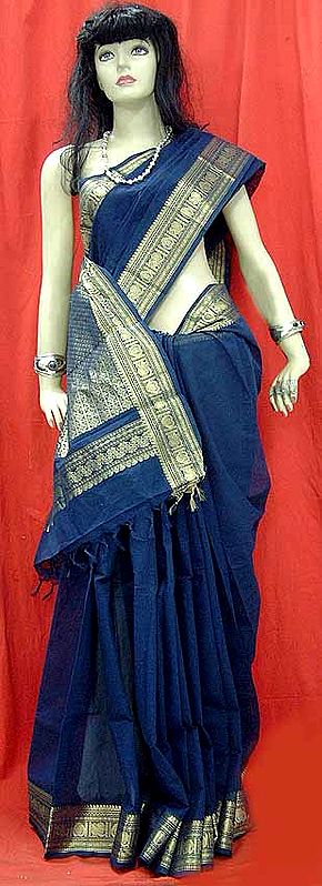 Plain Blue Sari with Zari Border