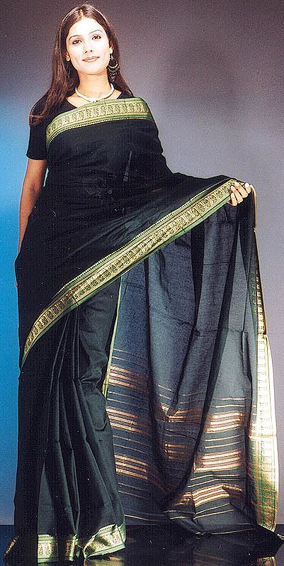 Plain Green Sari with Golden Border