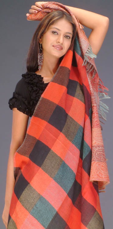 Pure Wool Shawl with Large Checks