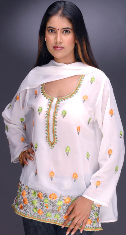 Pure-White Embroidered Kurti Top with Stole