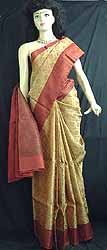 Red And Biscuit Color Double Shade Cotton Silk
Sari With Brocade Weave