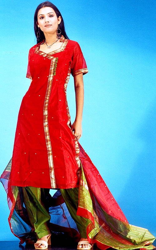 Red and Green Chanderi Suit with Golden Border