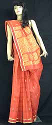 Red And Orange Double Shade Cotton Silk Sari