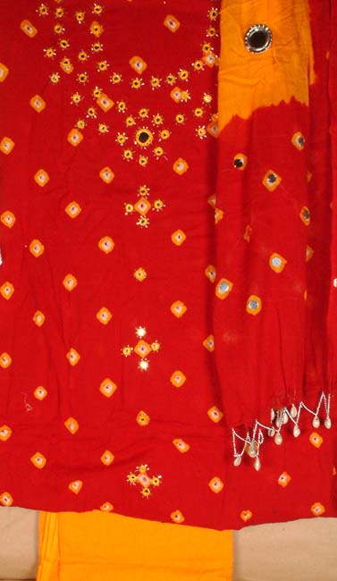 Red and Orange Gujarati Suit with Mirror Work