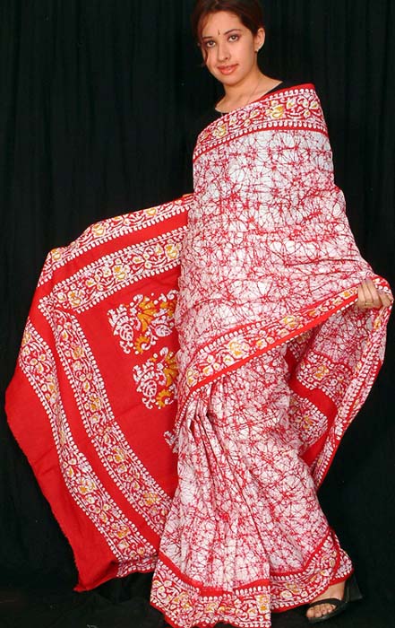Red and White Batik Sari