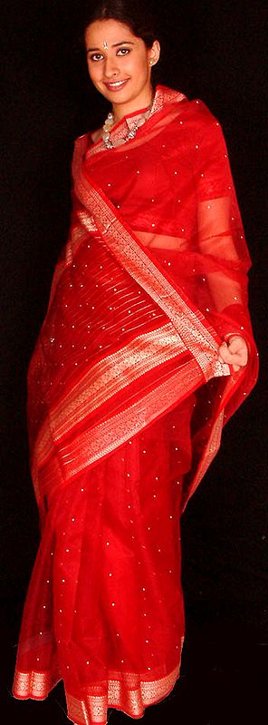 Red Chanderi Sari with Bootis