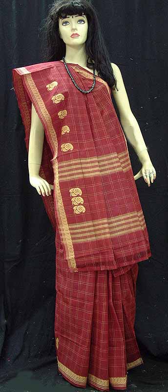 Red Checks South Cotton Sari