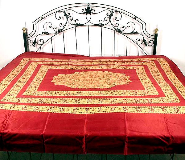 Red Glazed Cotton Bedspread with Floral Print