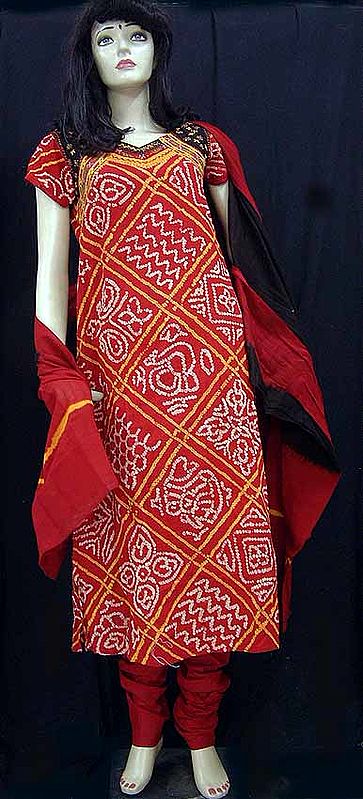 Red Tie And Dye Churidaar Kameez With Mirror Work