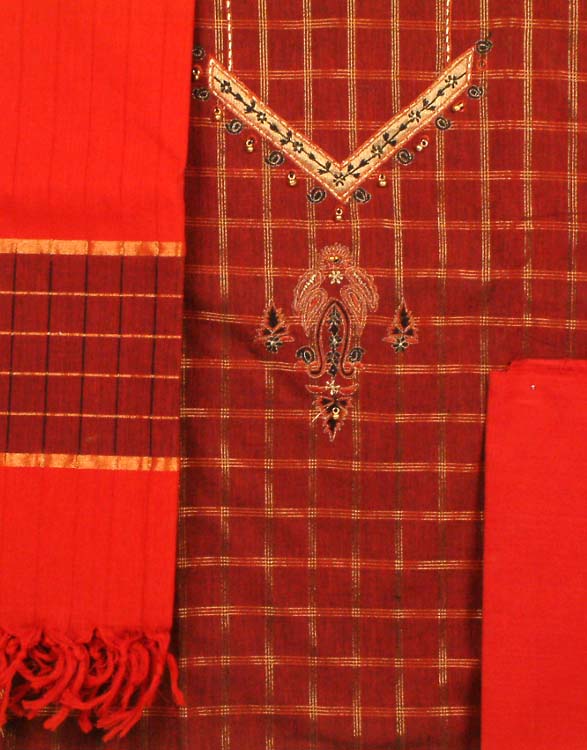 Rust Colored Jute Cotton Suit with Golden Thread Work