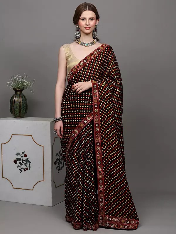 Black-Onyx Bandhani Saree with Hand-Embroidered Rabari Patch Border