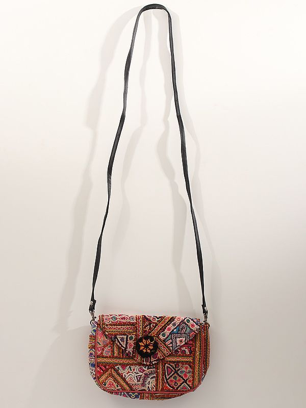 Multi-Color Side Shoulder Bag from Kutch with Antique Rabari Embroidery