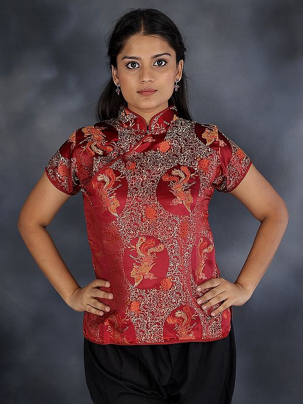 Brocaded Cheongsam Jacket from Sikkim with Brocade Weave