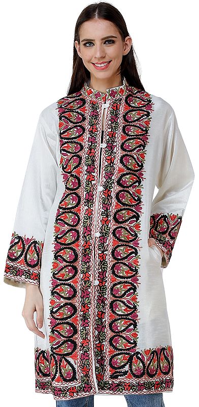 Snow-White Long Jacket from Kashmir with Chain Stitch Embroidered Multi-colored Flowers and Paisleys