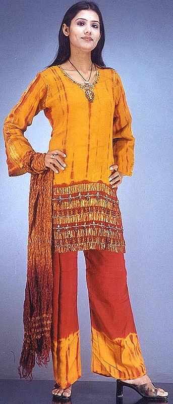 Sequinned Batik Suit with Bell-Bottom Salwar