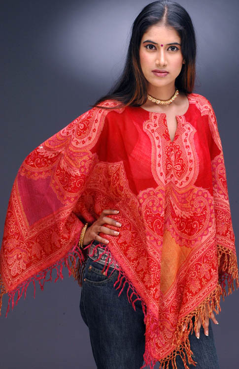 Shades of Red on a Jamawar Poncho