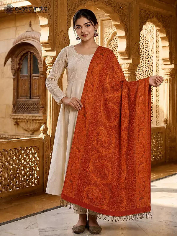 Rust Reversible Jamawar Stole with All-Over Weave