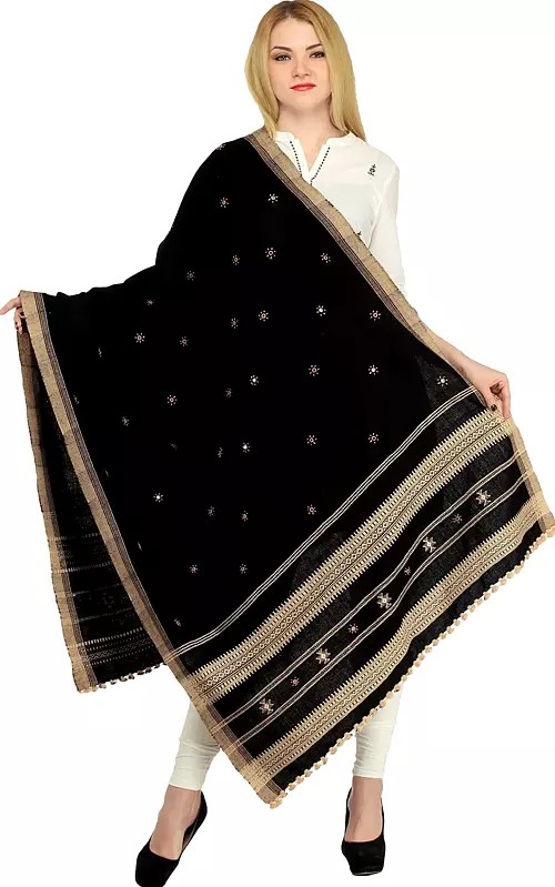 Shawl from Kutch with Embroidered Flowers and Mirrors