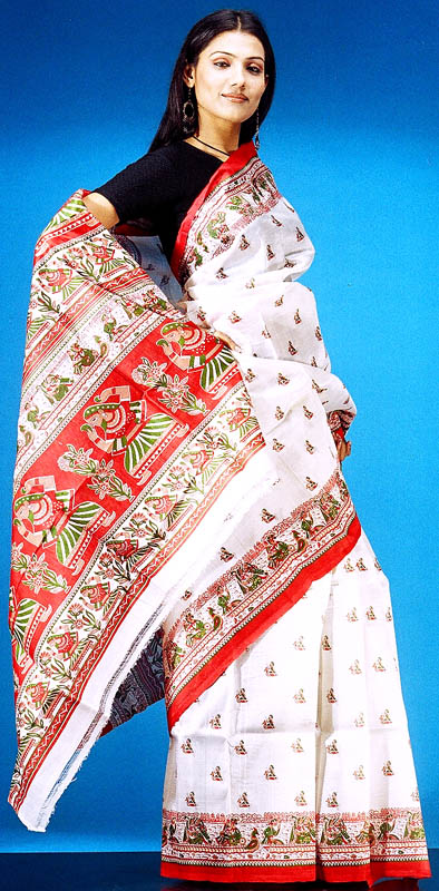 Silk Sari with Folk Art Print