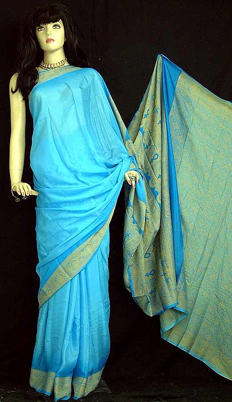 Sky Blue Chiffon Sari With Brocade Work