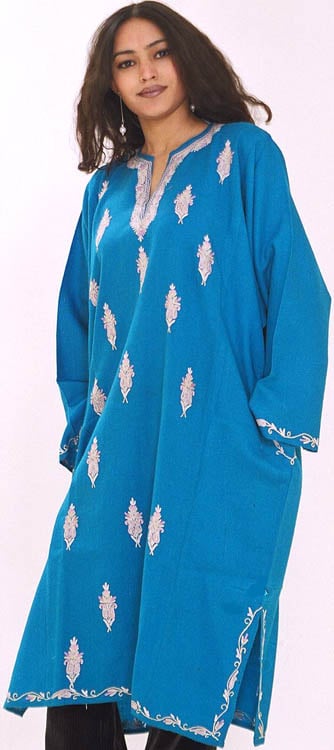 Sky-Blue Kashmiri Phiran with Hooked Needle Embroidery