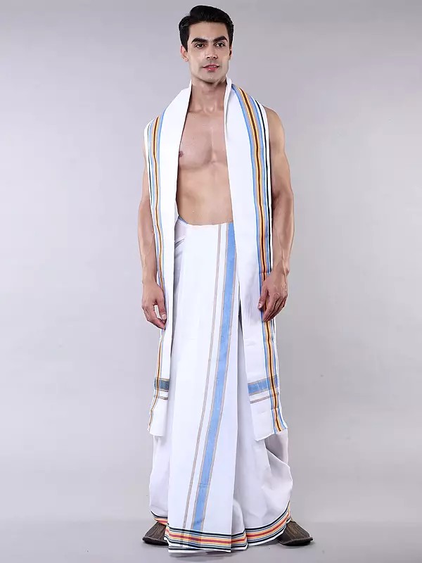 White Dhoti and Angavastram Set with Woven Border