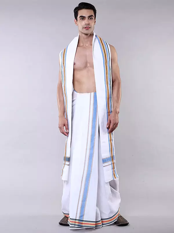 White Dhoti and Angavastram Set with Woven Border