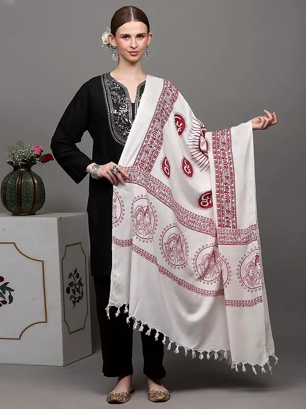 White-Alyssum Sanatana Dharma Om Printed Prayer Shawl with Shiva Parvati and Ganesha