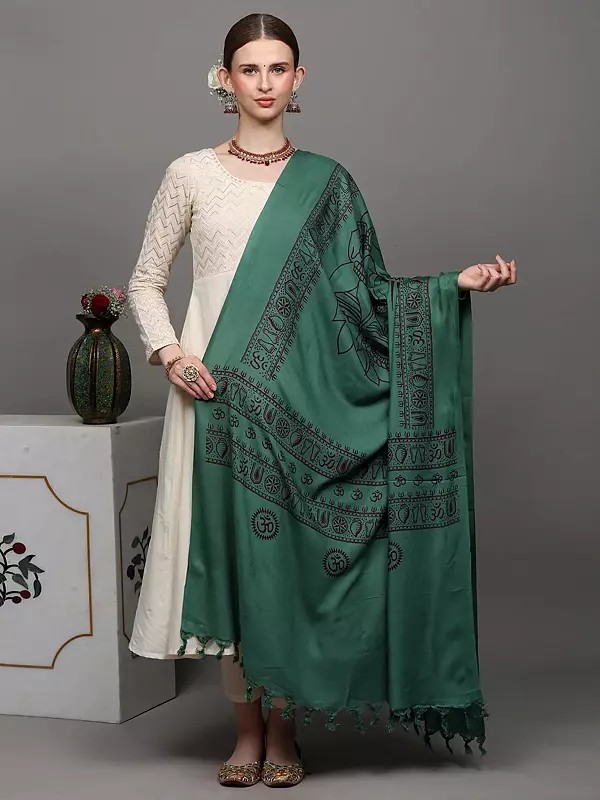 Marine-Green Printed Lord Ganesha Prayer Shawl