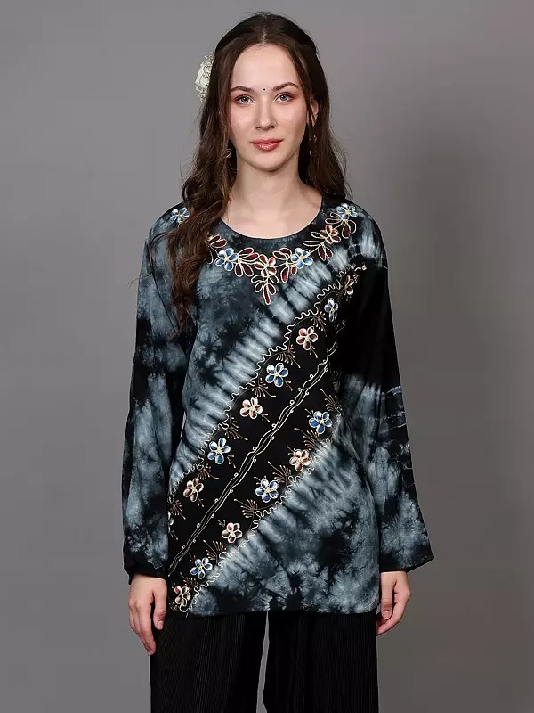 Midnight-Blue Batik Printed Kurti with Threadwork