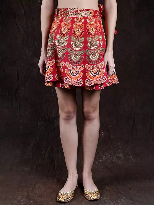 Sanganeri Wrap-Around Mini-Skirt with Printed Motifs