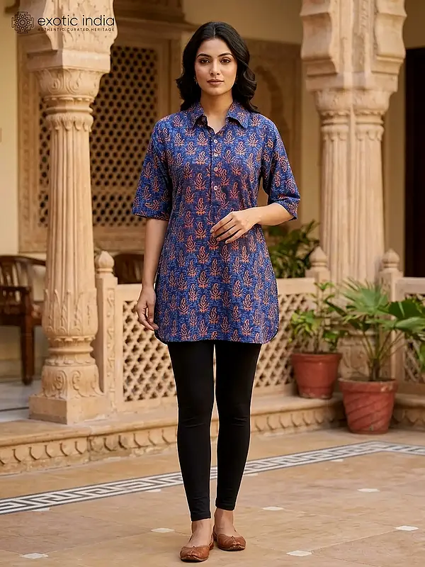 Estate-Blue Kurti with Block-Printed Paisleys from Pilkhuwa