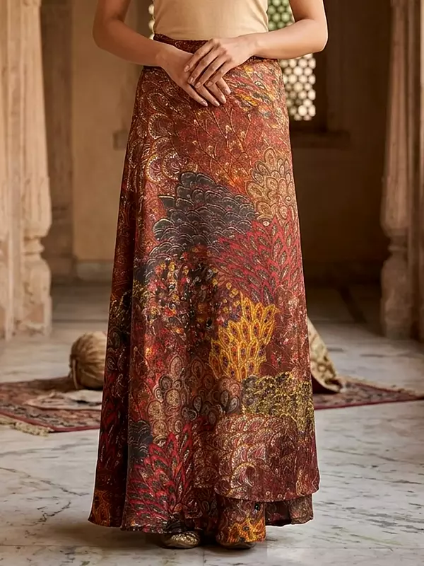 Wrap-Around Long Skirt With Printed Flowers
