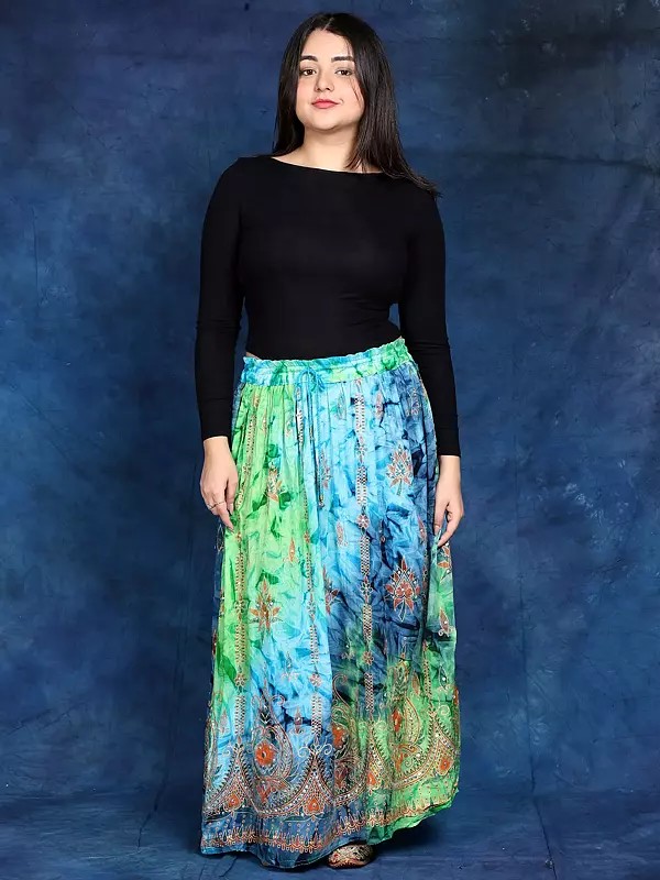 Multi-Color Long Skirt with Printed Paisleys and Sequins