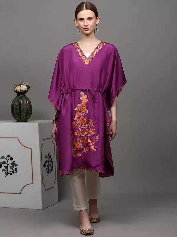 Bright-Purple Kashmiri Short Kaftan with Aari Embroidered Flowers and Dori at Waist